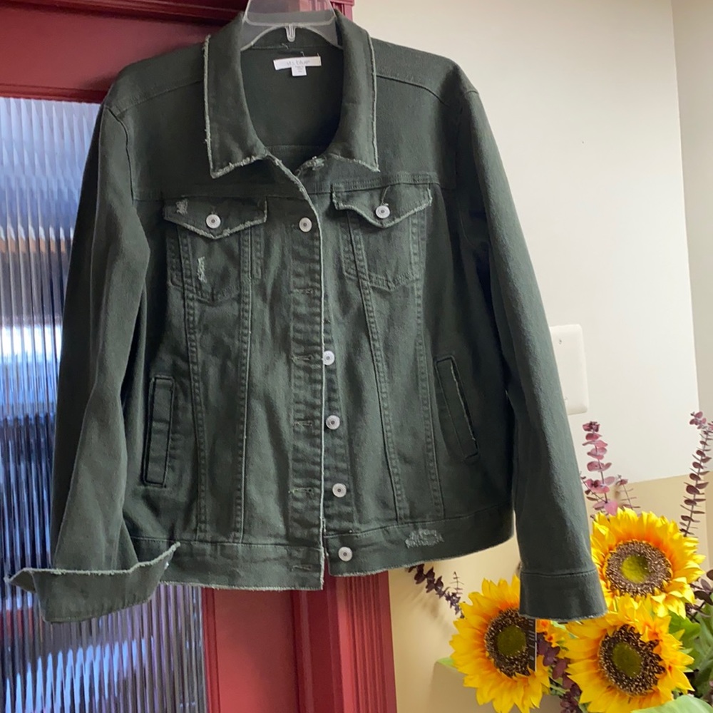 Dark Green Distressed Stretch Denim Jacket New